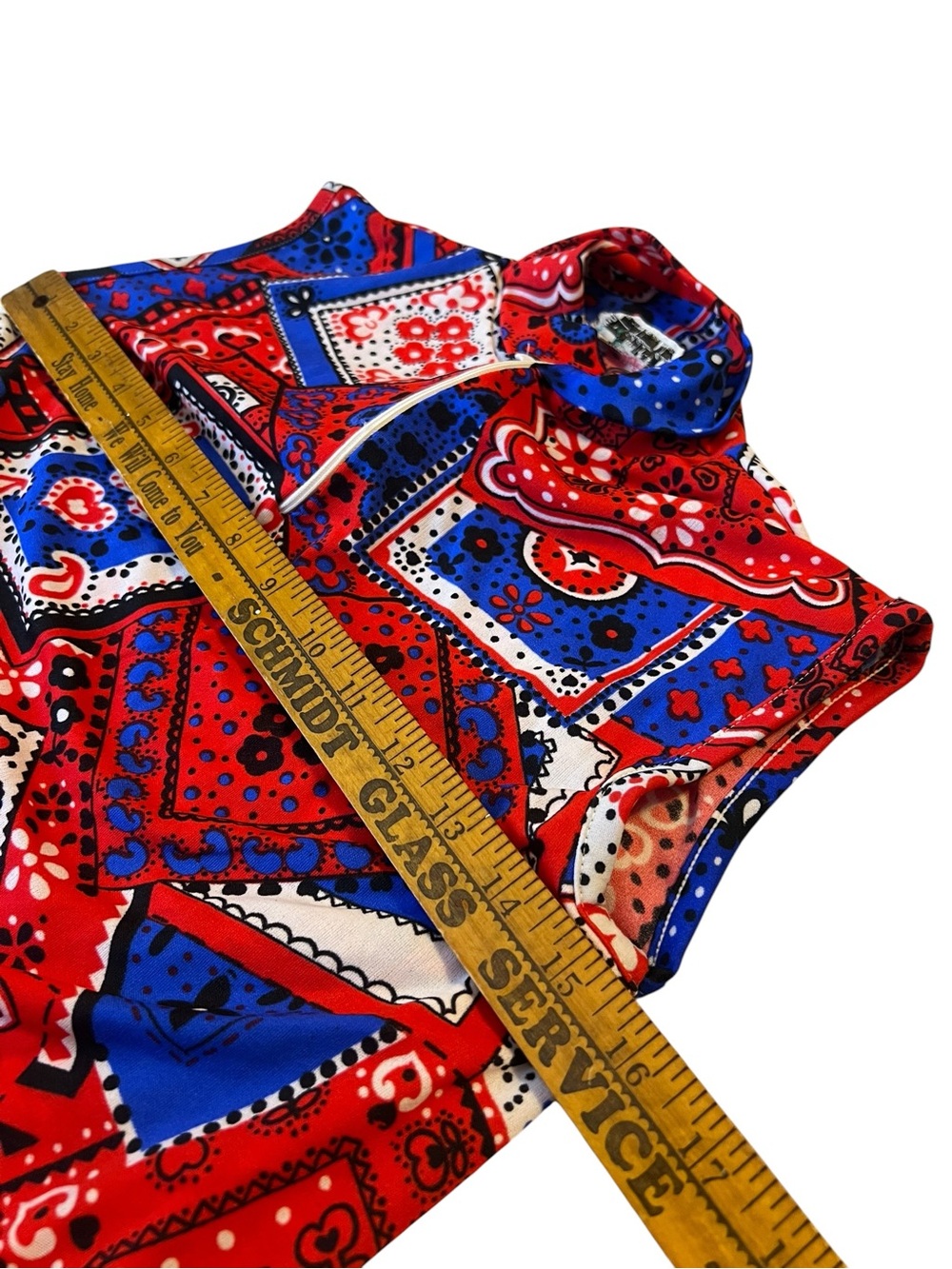 Vintage 1970s Bandana Patchwork Tunic Top Mod Patriotic Red White Blue Medium - Picture 8 of 10